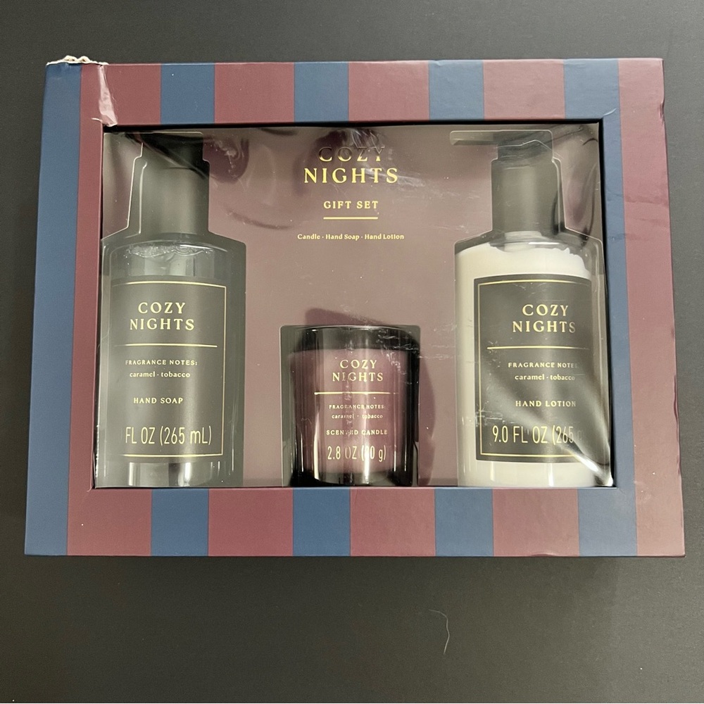 Cozy Nights Gift Set - Hand Soap, Candle & Hand Lotion - Caramel & Tobacco Scent